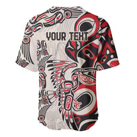 Baseball jersey with bold YOUR TEXT on back and red, black, white Indigenous-style graphics