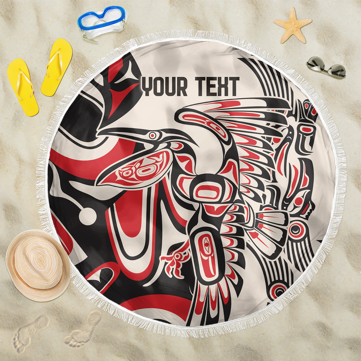 Round beach blanket with fringed edge, red black and white eagle graphic