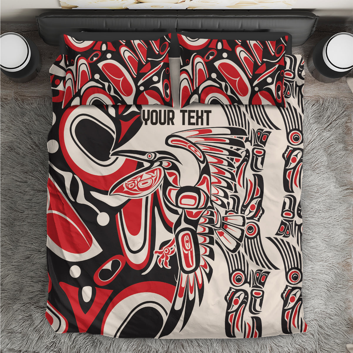 Personalized bedding set close-up with red, black, and white tribal duvet and two pillowcases
