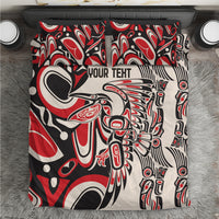 Personalized bedding set close-up with red, black, and white tribal duvet and two pillowcases