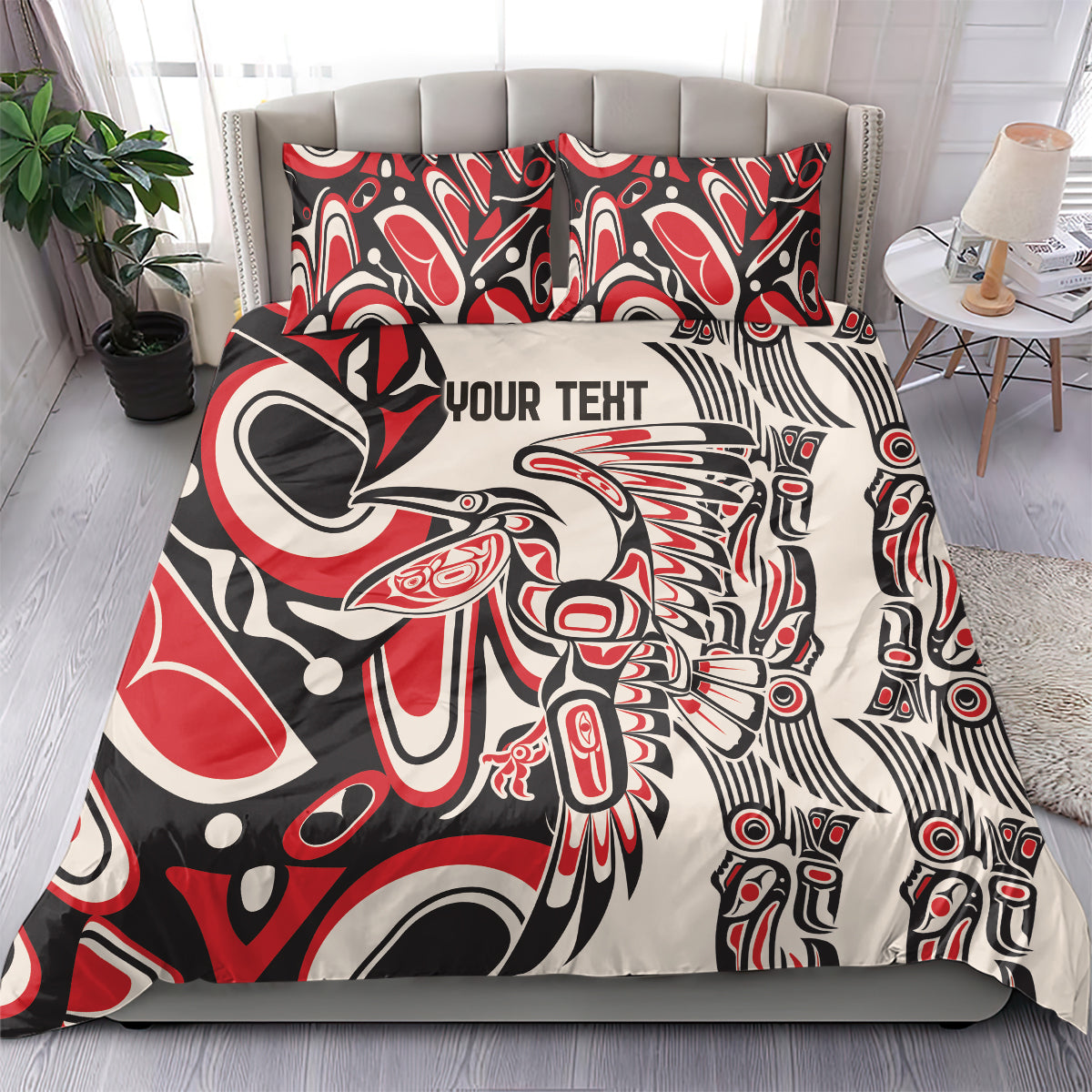 Personalized bedding set with red, black, and white tribal artwork; two matching pillows