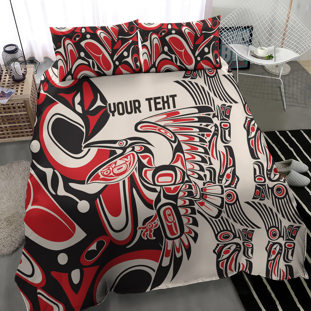 Personalized bedding set showing red, black, and white tribal duvet with 'YOUR TEXT' design