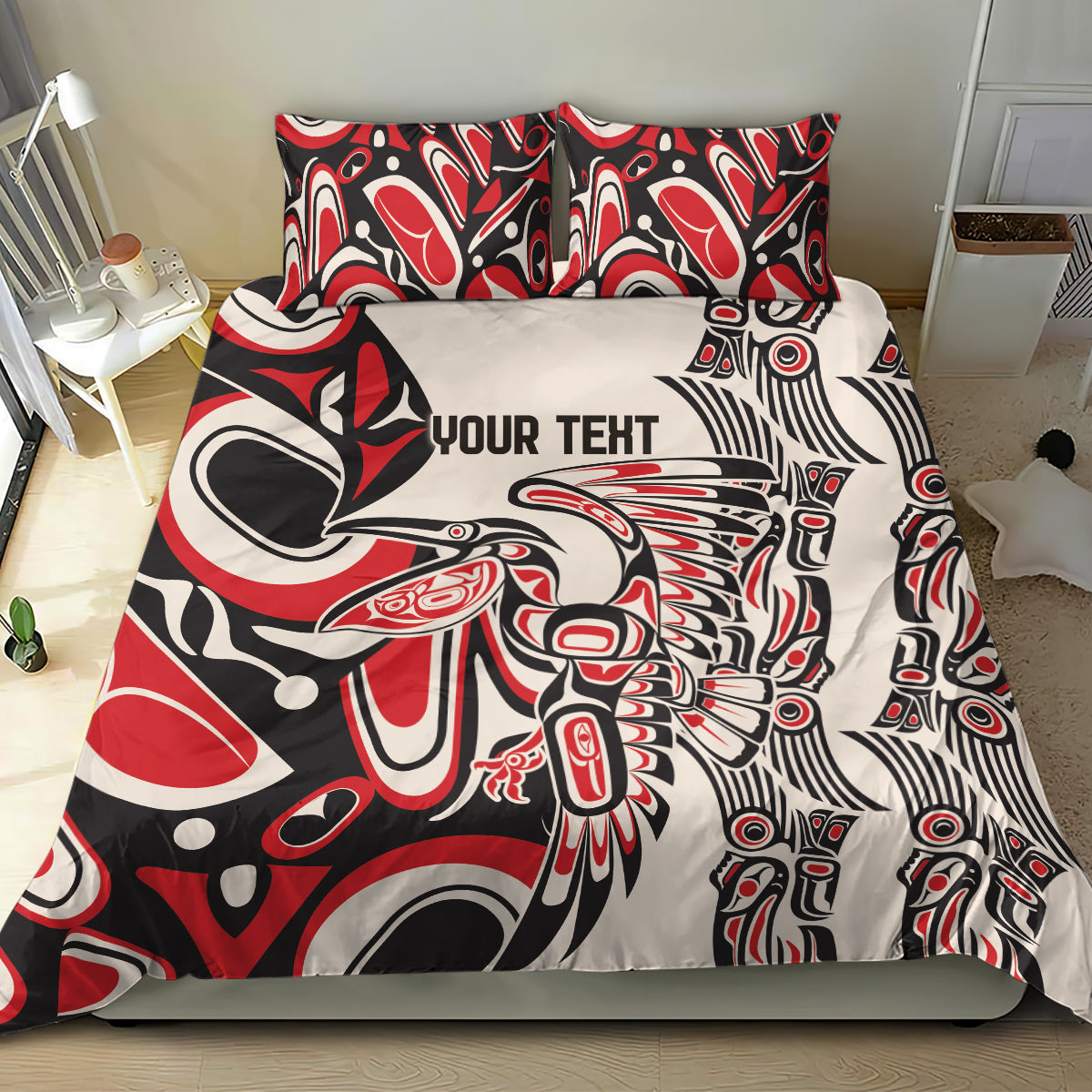 Personalized bedding set with bold red, black, and white tribal graphics and two pillowcases