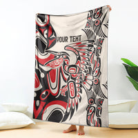 Personalized throw blanket hanging, red/black/white artwork and 'YOUR TEXT' lettering