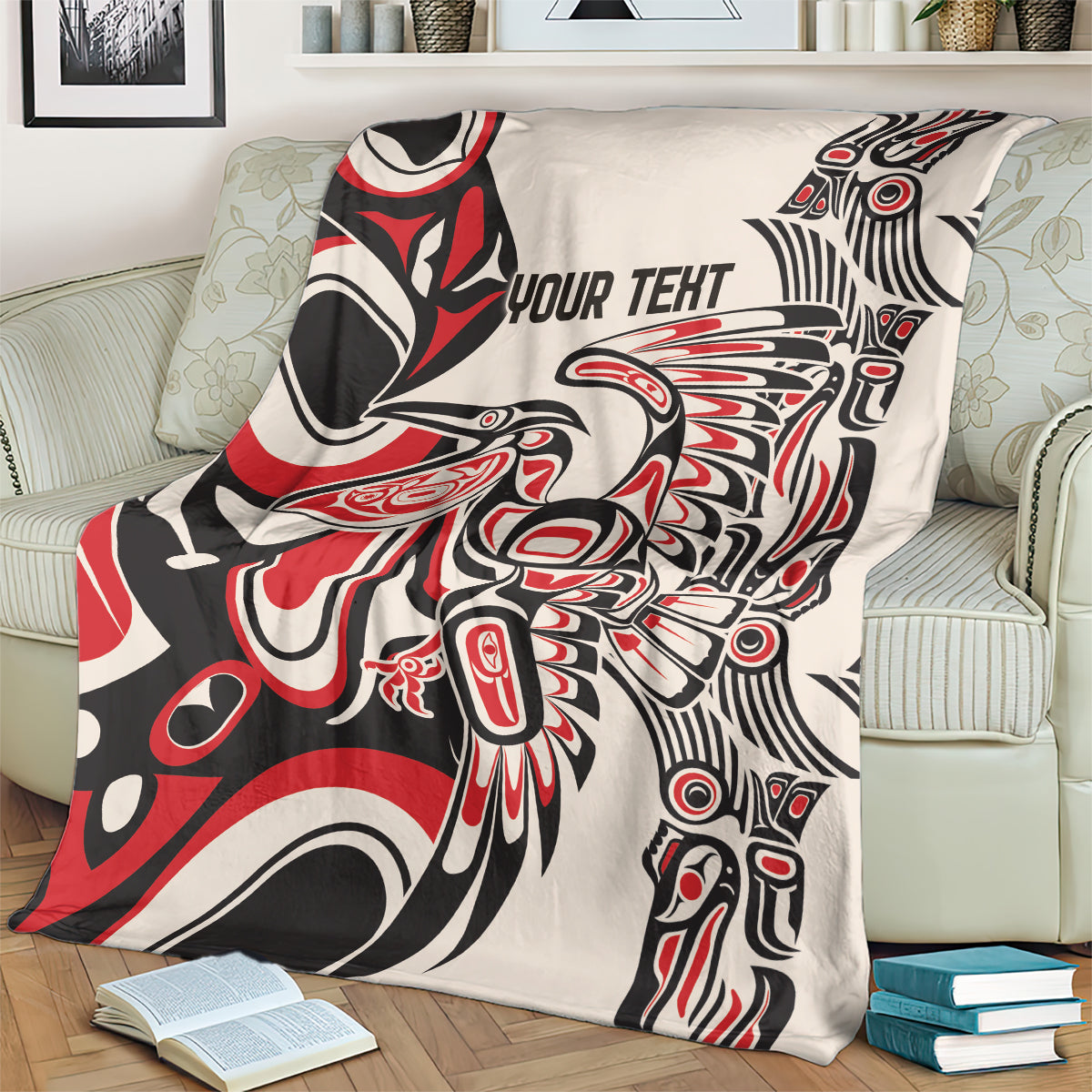 Personalized throw blanket, red/black/white abstract artwork and 'YOUR TEXT' in center