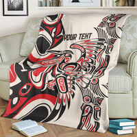 Personalized throw blanket, red/black/white abstract artwork and 'YOUR TEXT' in center
