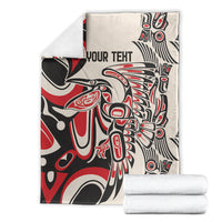 Personalized throw blanket with folded stack, red/black/white abstract artwork and 'YOUR TEXT'