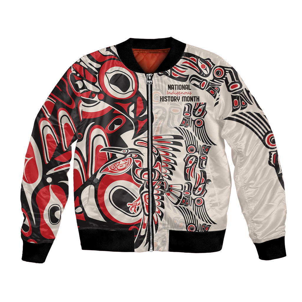 Red and white bomber jacket with black ribbed trim, front zipper, Native-inspired graphic print