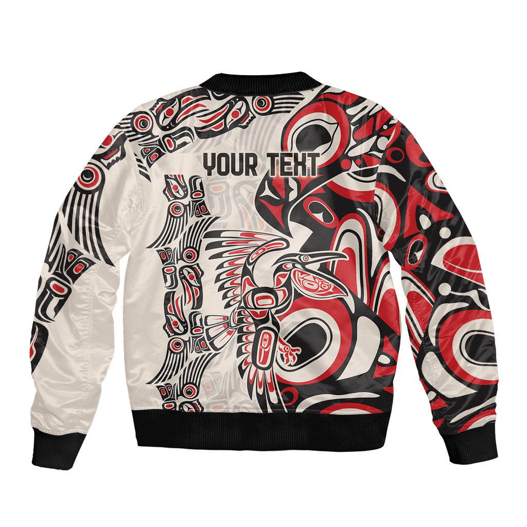 Black, red, and white bomber jacket with ribbed hem and cuffs, large Native-inspired graphic back