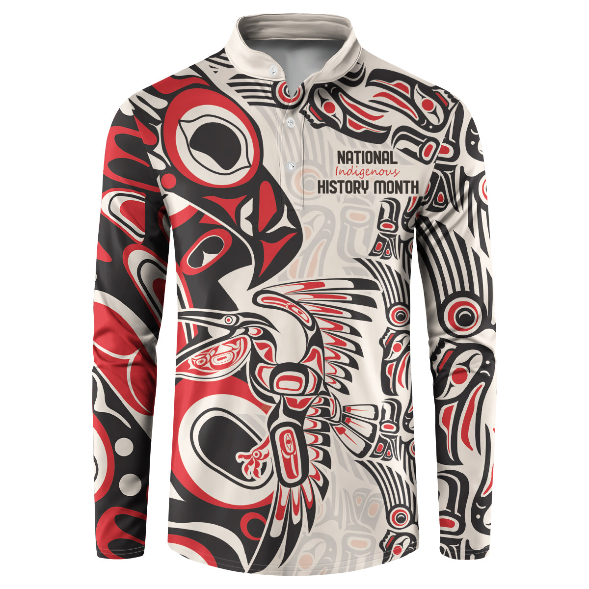 Button sweatshirt in white, red, and black with Indigenous graphic and “History Month” text