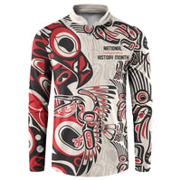 Button sweatshirt in white, red, and black with Indigenous graphic and “History Month” text