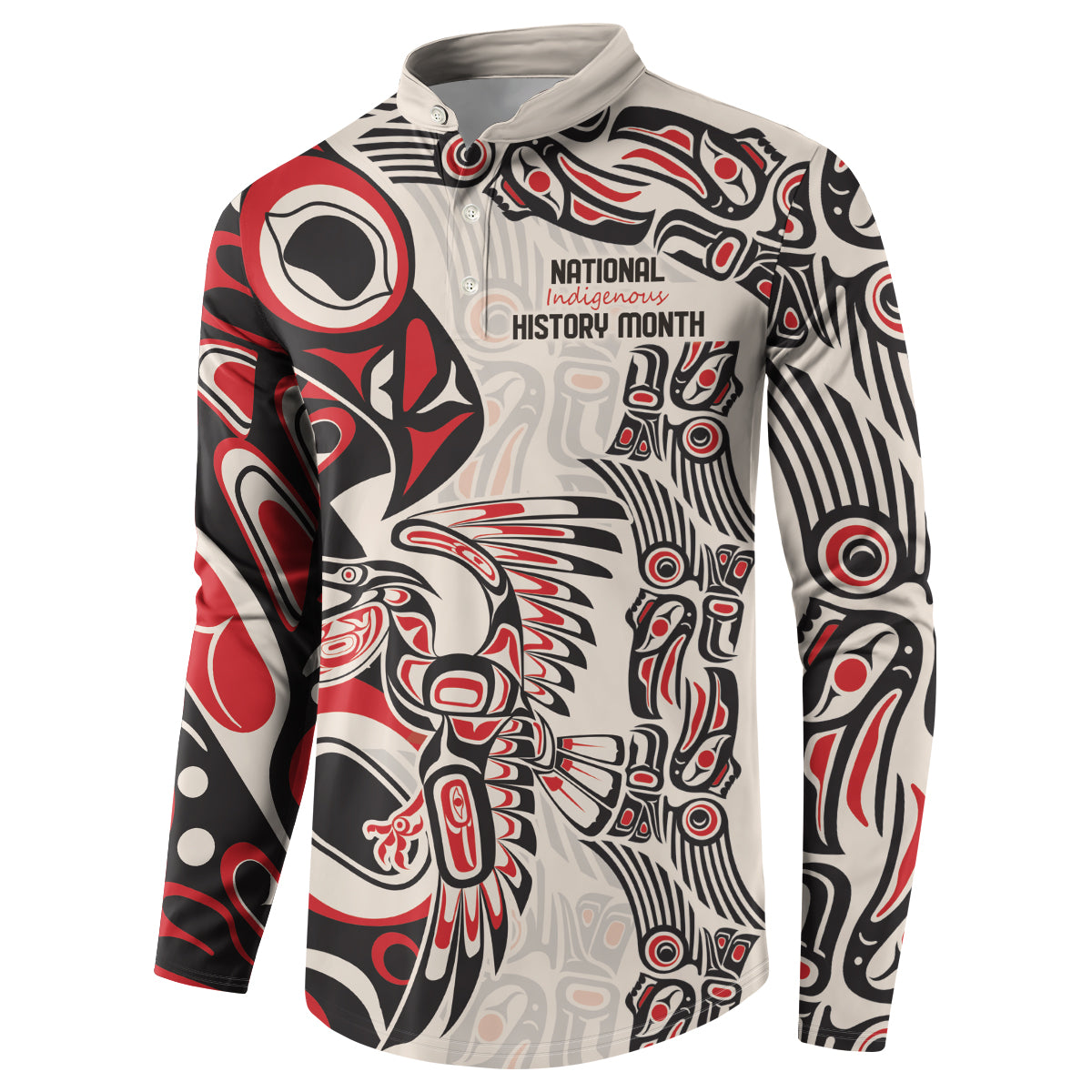 Three-quarter view button sweatshirt in white, red, black with Indigenous graphic and “History Month”