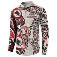 Three-quarter view button sweatshirt in white, red, black with Indigenous graphic and “History Month”