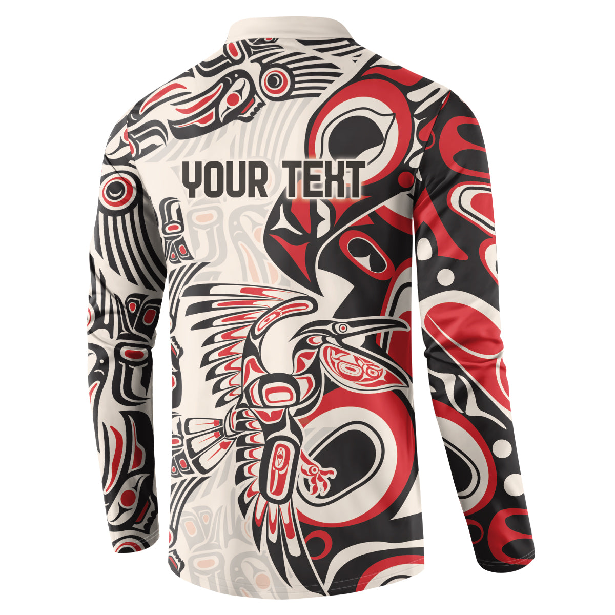 Button sweatshirt back with “YOUR TEXT” and red, black, and white Indigenous pattern