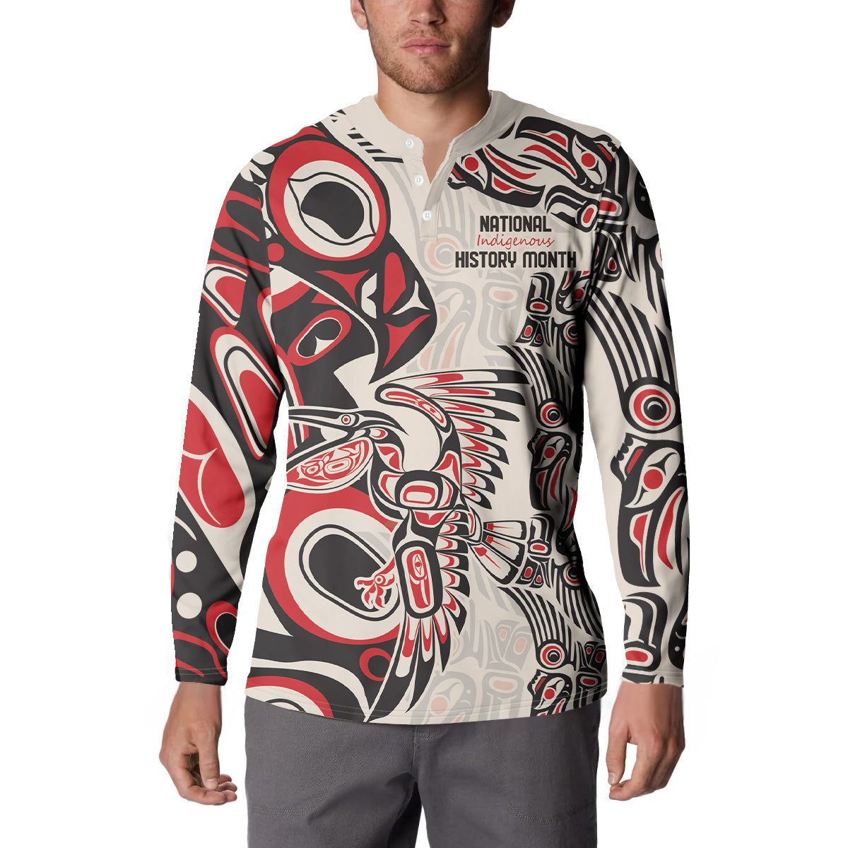 Button sweatshirt on model with front collar and red black white Indigenous graphic