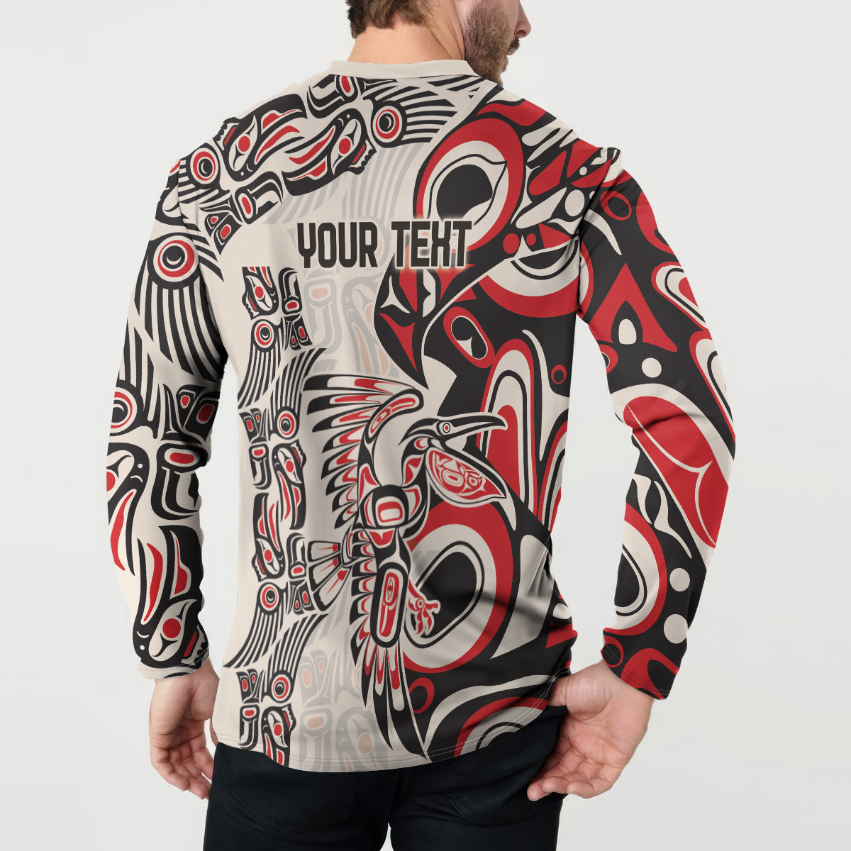 Button sweatshirt back view with “YOUR TEXT” and bold red black white Indigenous pattern