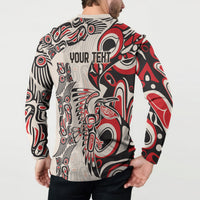 Button sweatshirt back view with “YOUR TEXT” and bold red black white Indigenous pattern