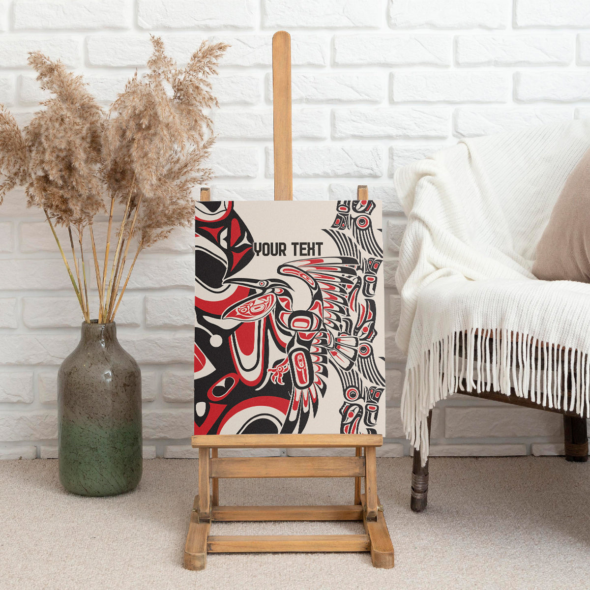 Personalized canvas wall art on stand, red/black/white tribal bird design with 'YOUR TEXT'