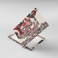 Personalized canvas wall art, tilted view, red/black/white tribal bird print with 'YOUR TEXT'