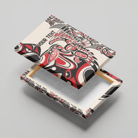 Personalized canvas wall art laid open, red/black/white tribal bird print with 'YOUR TEXT'