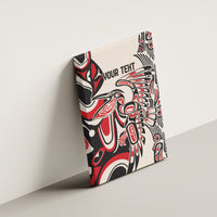 Personalized canvas wall art on angled wall, red/black/white tribal bird motif and 'YOUR TEXT'
