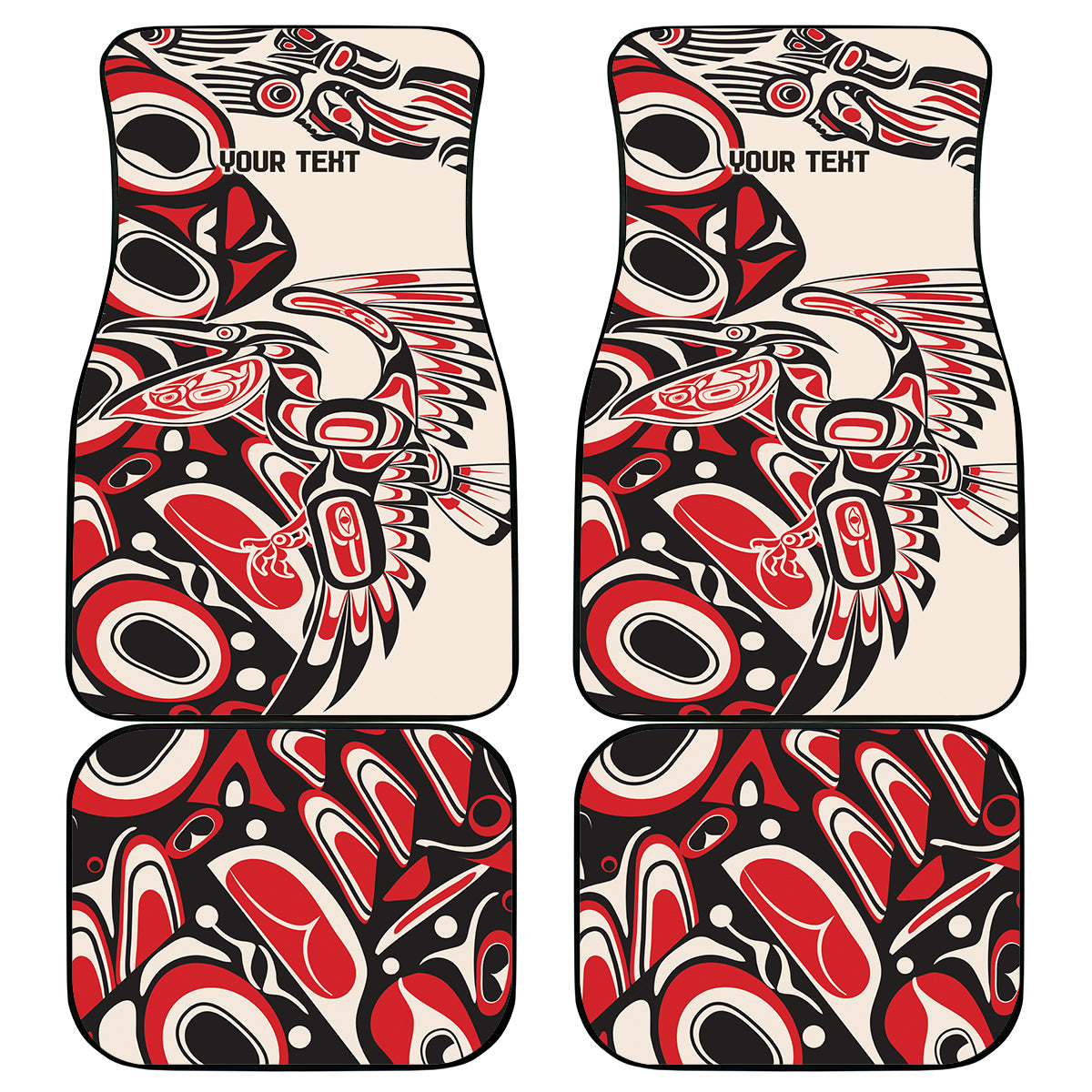 Four car floor mats showing red/black/white tribal pattern with 'YOUR TEHT' text