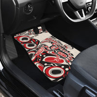 Car floor mat with red/black/white tribal design and 'YOUR TEHT' text