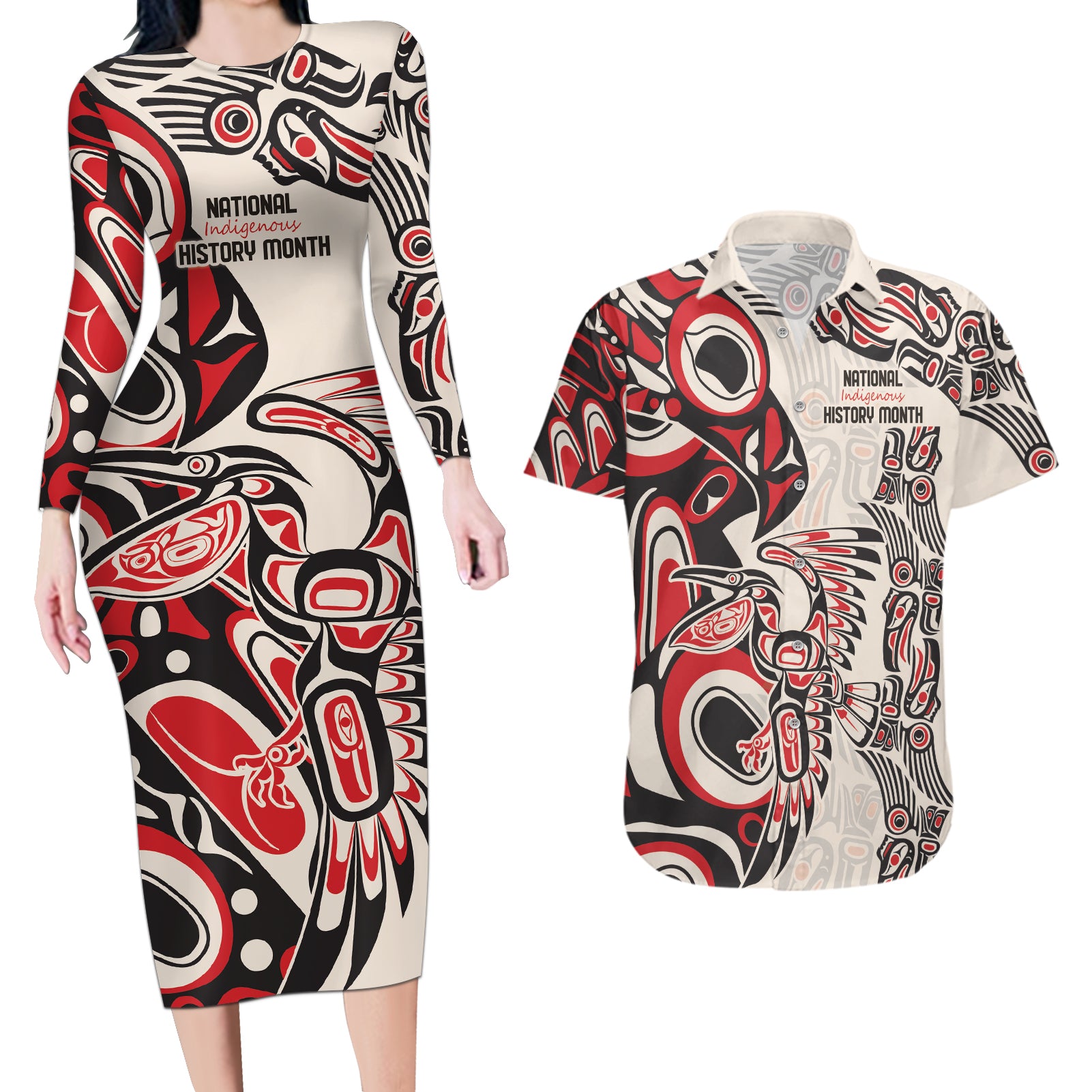 Personalized Canada Indigenous History Month Couples Matching Long Sleeve Bodycon Dress and Hawaiian Shirt LT9 - Wonder Print Shop