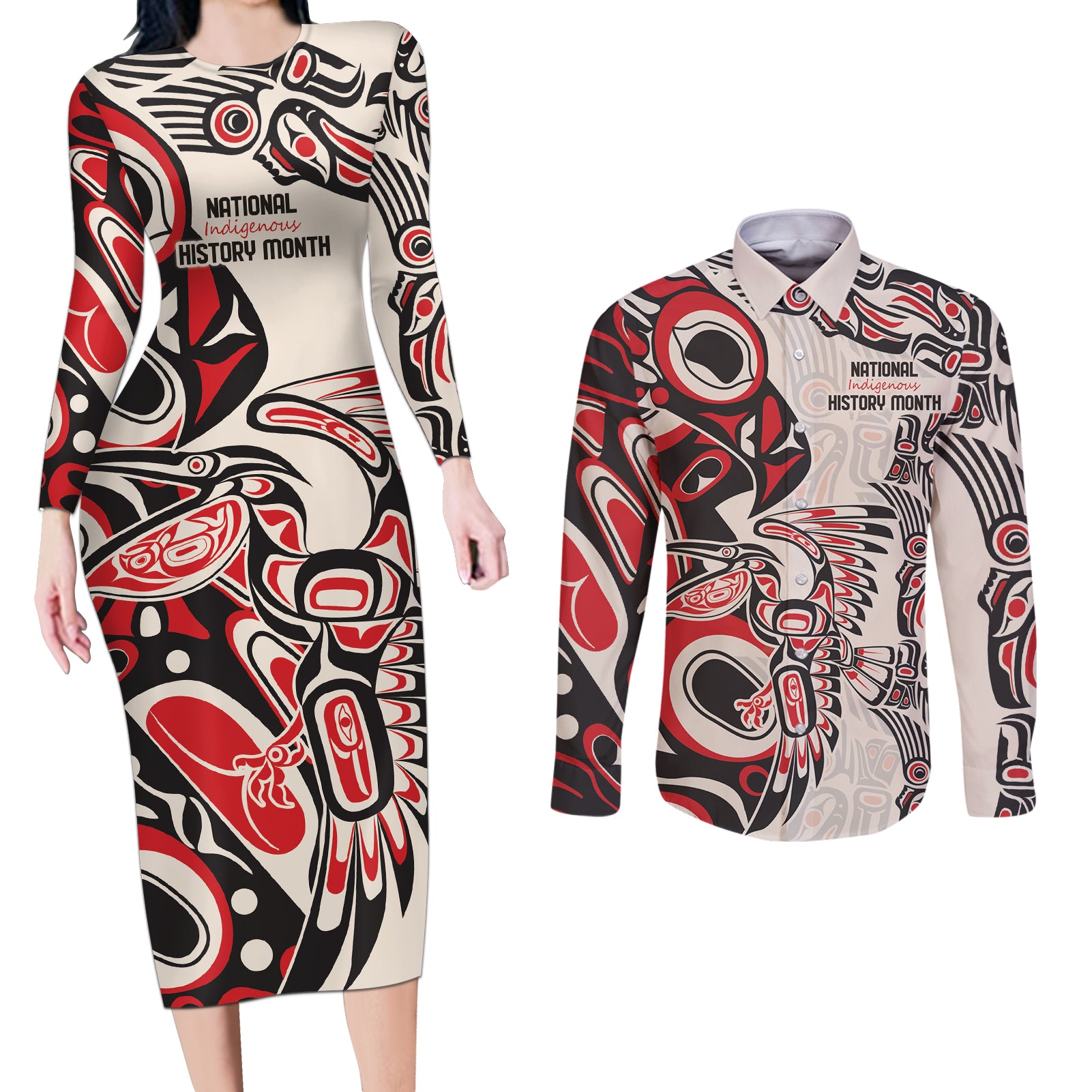 Personalized Canada Indigenous History Month Couples Matching Long Sleeve Bodycon Dress and Long Sleeve Button Shirt LT9 - Wonder Print Shop