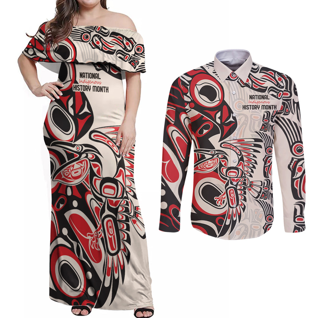 Personalized Canada Indigenous History Month Couples Matching Off Shoulder Maxi Dress and Long Sleeve Button Shirt LT9 - Wonder Print Shop