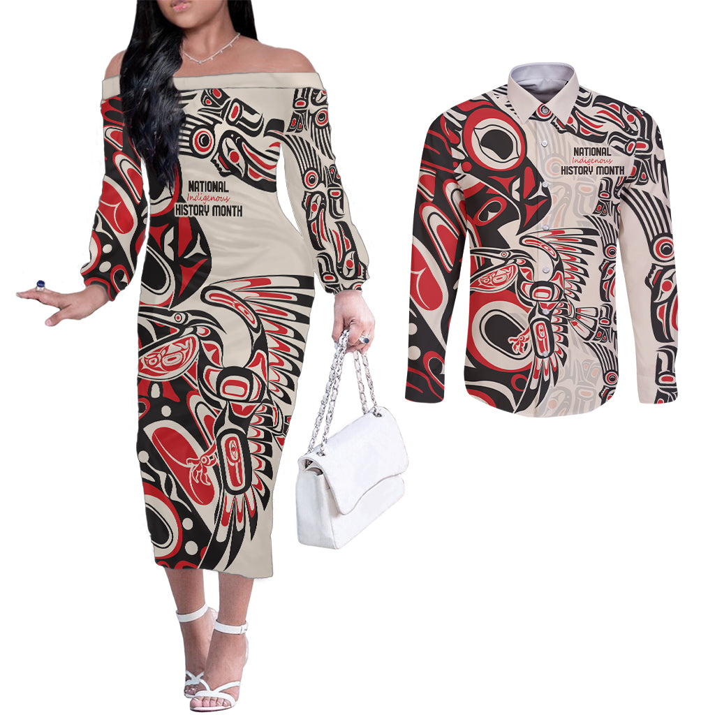 Personalized Canada Indigenous History Month Couples Matching Off The Shoulder Long Sleeve Dress and Long Sleeve Button Shirt