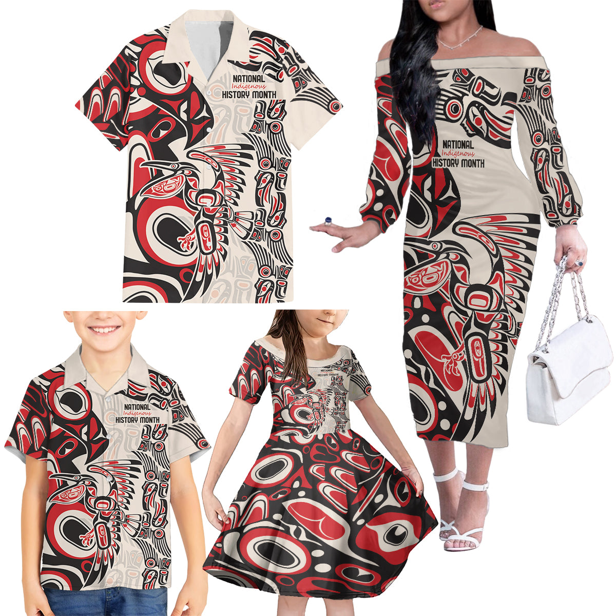 Personalized Canada Indigenous History Month Family Matching Off The Shoulder Long Sleeve Dress and Hawaiian Shirt - Wonder Print Shop