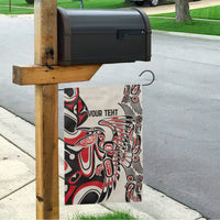 House-mounted garden flag on a post with red, black, and white eagle motif and 'YOUR TEXT'