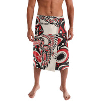 Red, black, and white patterned lavalava skirt with elastic waistband