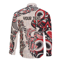 Red, black and cream long sleeve button-up shirt with 'YOUR TEXT' print on back
