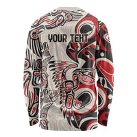 Unisex long-sleeve shirt with tribal red, black, and gray pattern and 'YOUR TEXT'