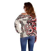 Off-shoulder sweater back in red, black and white with 'YOUR TEXT' graphic