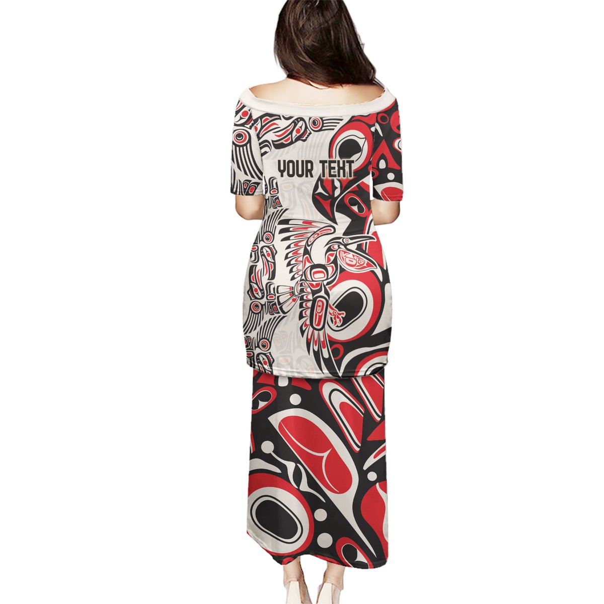 Long dress back view with red, black and white abstract artwork, short sleeves
