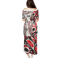 Long dress back view with red, black and white abstract artwork, short sleeves