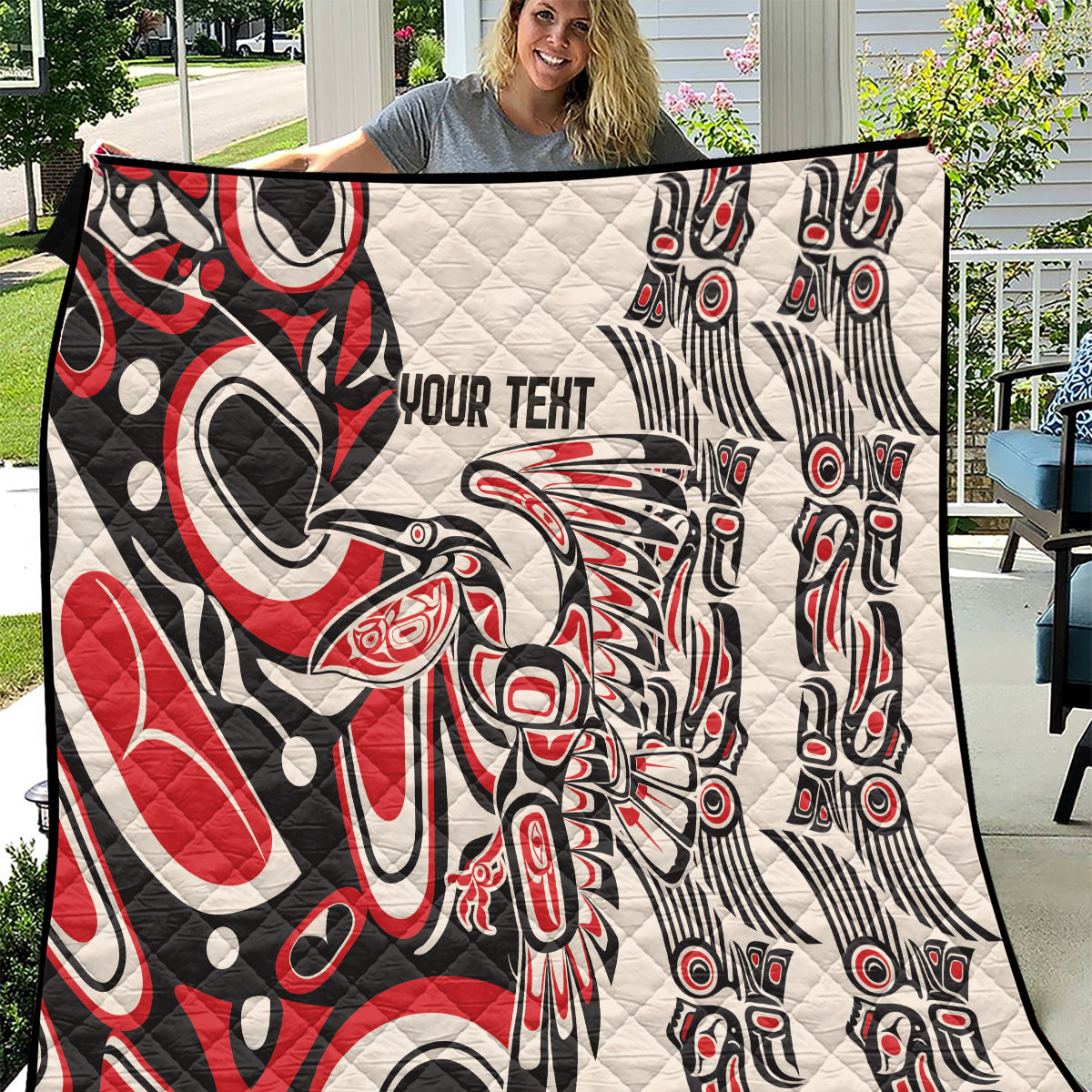 Personalized quilt in red, black, and white with “YOUR TEXT” and bold eagle design