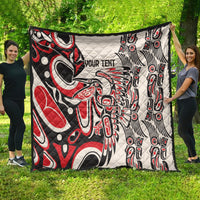 Personalized quilt in red, black, and white with “YOUR TEXT” and intricate tribal figures