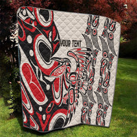 Personalized quilt in red, black, and white with “YOUR TEXT” and eagle and drum motifs