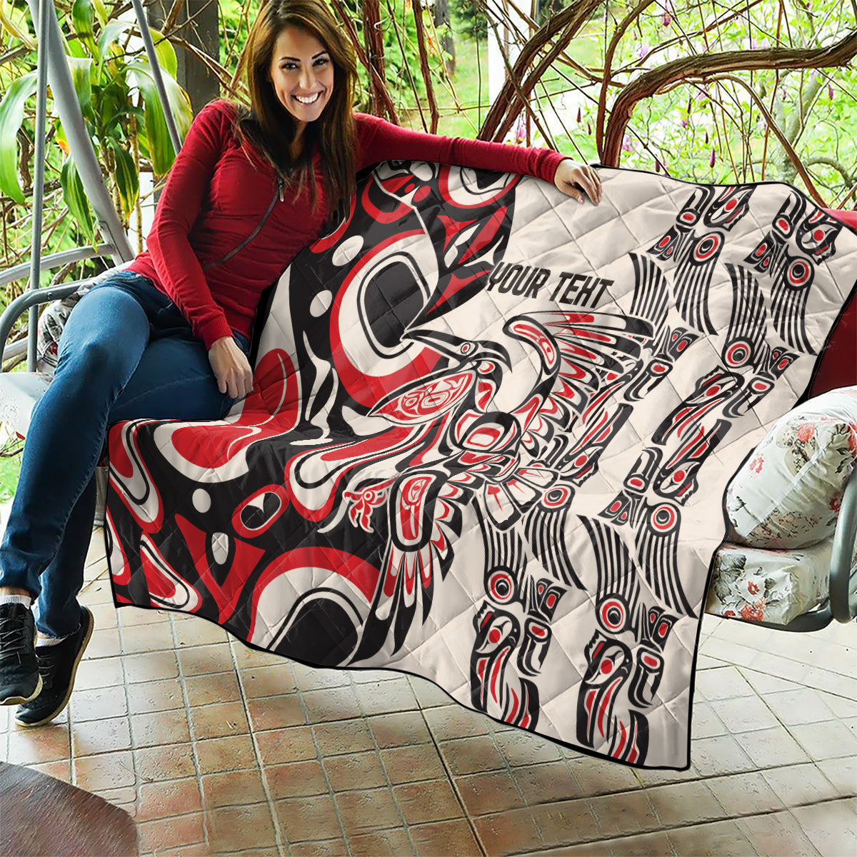 Personalized quilt in red, black, and white with “YOUR TEXT” and eagle graphics