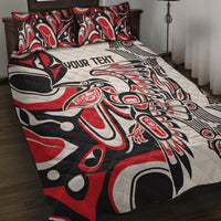 Personalized quilt bed set with quilted red, black, and white native-style pattern and pillows