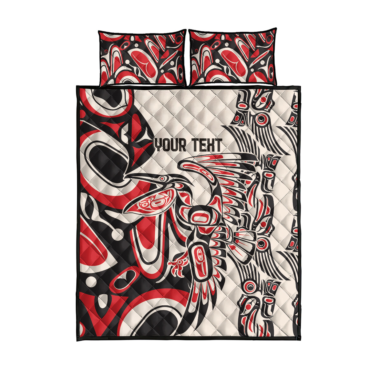 Personalized quilt bed set: quilt and two matching pillows, red/black/white native-style print