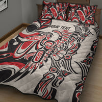 Personalized quilt bed set quilt with red, black, and white native-style art and two pillows