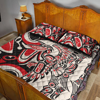 Personalized quilt bed set on bed frame, red black white native-style quilt with two pillows
