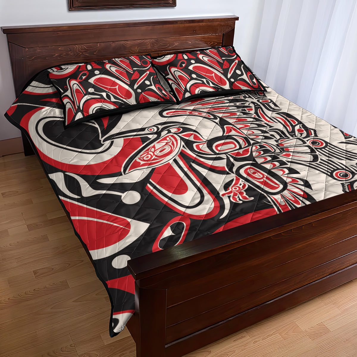 Personalized quilt bed set with quilted red, black, and white pattern and two matching pillows