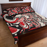 Personalized quilt bed set with quilted red, black, and white pattern and two matching pillows