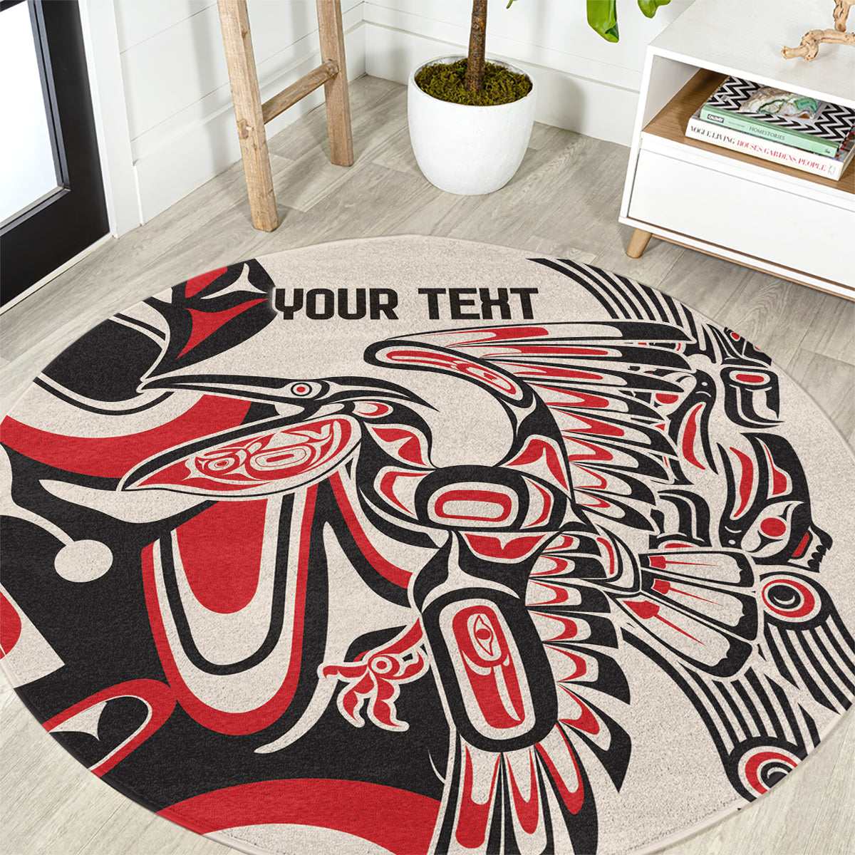 Round rug with red, black, and white eagle graphic and 'YOUR TEXT' print